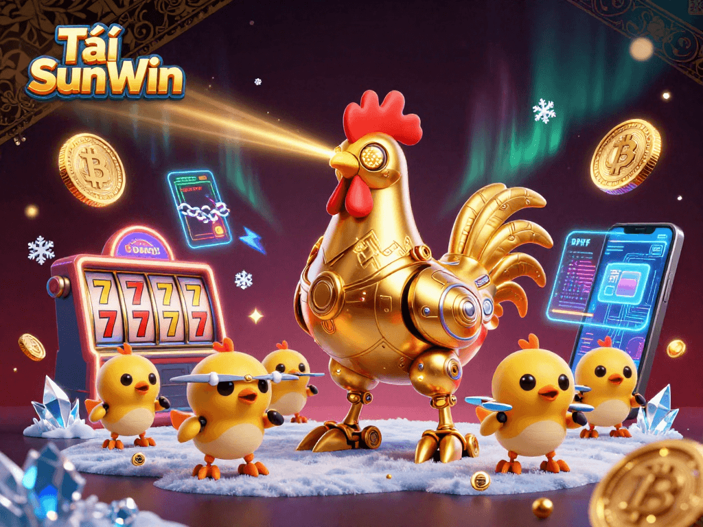 Tải SunWin captures the thrilling golden rooster robot engaging in a vibrant casino scene filled with vibrant slot elements.