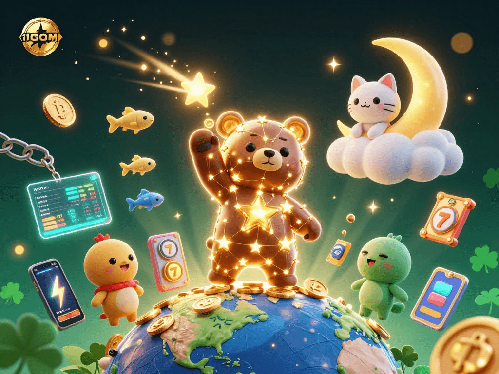 Join the excitement of 1GOM with coins flying from a constellation bear, enhancing your gambling experience!