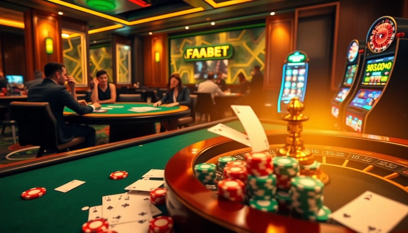 Experience the excitement of FABET with players engaging at a vibrant poker table in a luxurious casino setting.