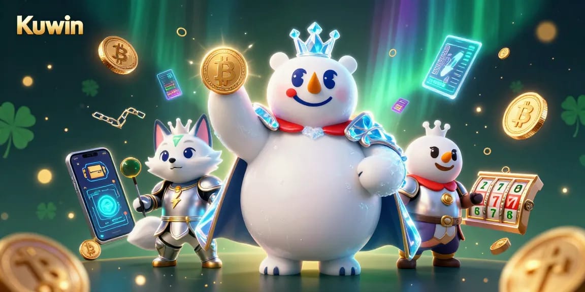 Kuwin's immersive gaming experience featuring a playful ice king, snowy fox, and glowing crypto elements amidst vibrant casino symbols.