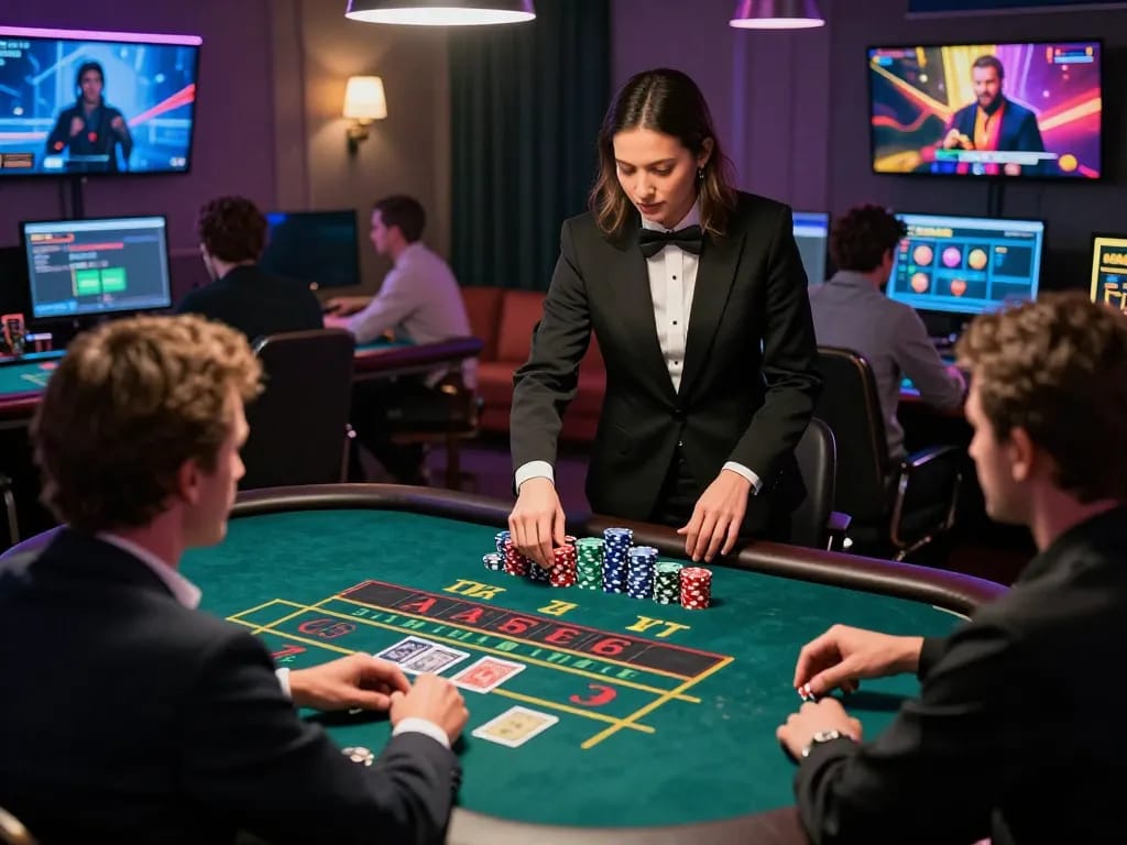 Players engaging in fun79 live casino games through interactive online screens, creating an immersive betting experience.
