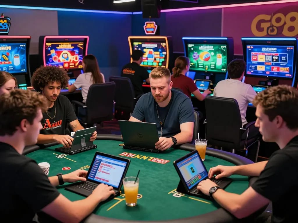 Engaged players enjoying the go88 online gaming experience amidst vibrant lights and technology.