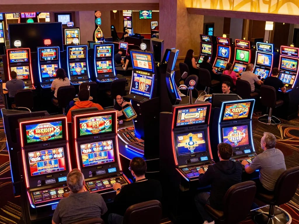 Players spinning reels on slot machines at DA88 casino, vibrant lights and excitement visible