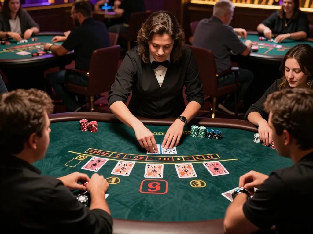 RIKBET players engaged in exciting live dealer blackjack game with professional dealer and vibrant casino ambiance.
