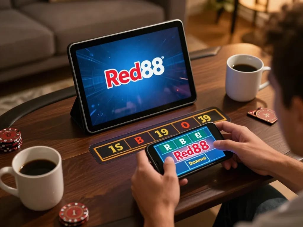 Player engaging with Red88 mobile app for online casino gaming in a cozy home setting.