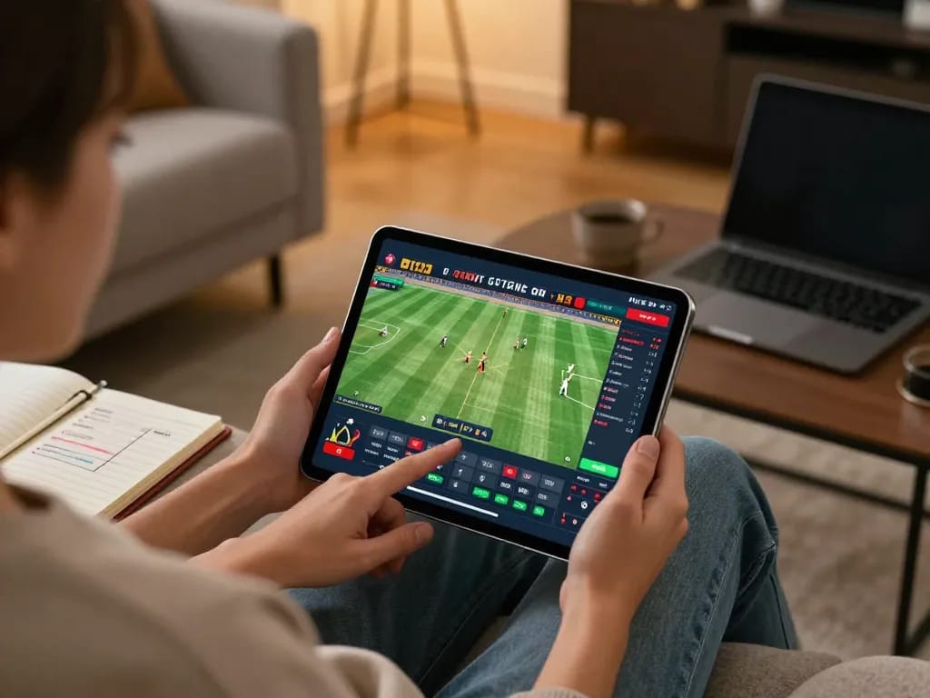 Lu88 user engaged in sports betting on tablet, showcasing a vibrant gaming interface in a cozy setting.