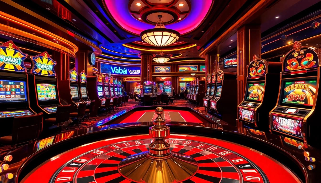 Experience the thrill of Vuabai9 with a luxurious casino scene featuring vibrant slot machines and poker tables.
