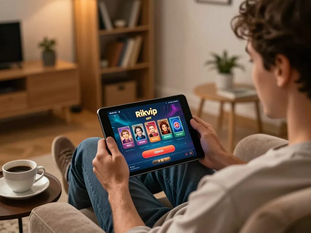 Engaging in thrilling gameplay using the rikvip apk on a sleek tablet in a cozy environment.