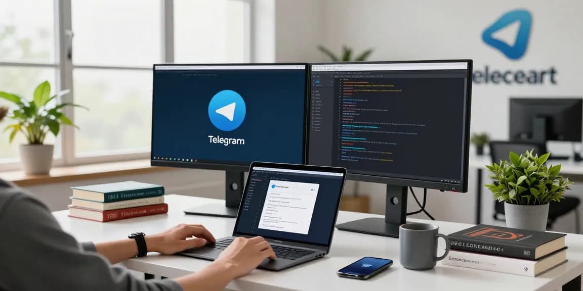 Download Telegram on a dual-monitor workspace showcasing the app interface amidst a modern development environment.