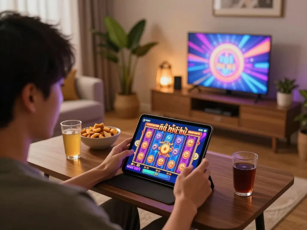 Nổ hũ gameplay on tablet in cozy home setting, showcasing excitement and strategy.