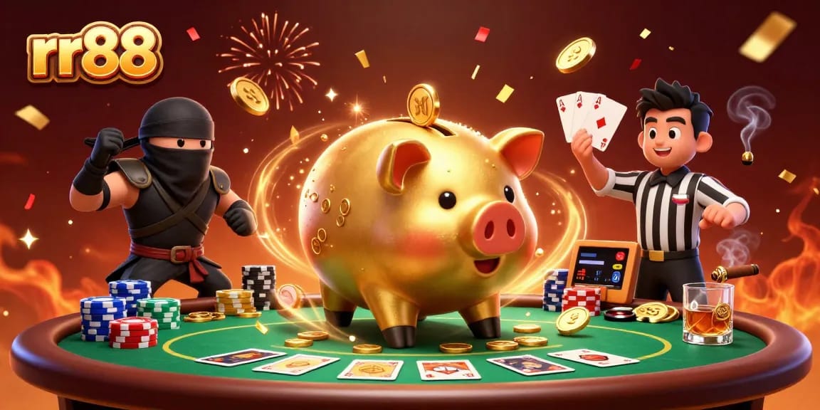 rr88's dynamic casino scene featuring gaming action with a golden piggy bank sumo wrestler, ninja, and samurai.