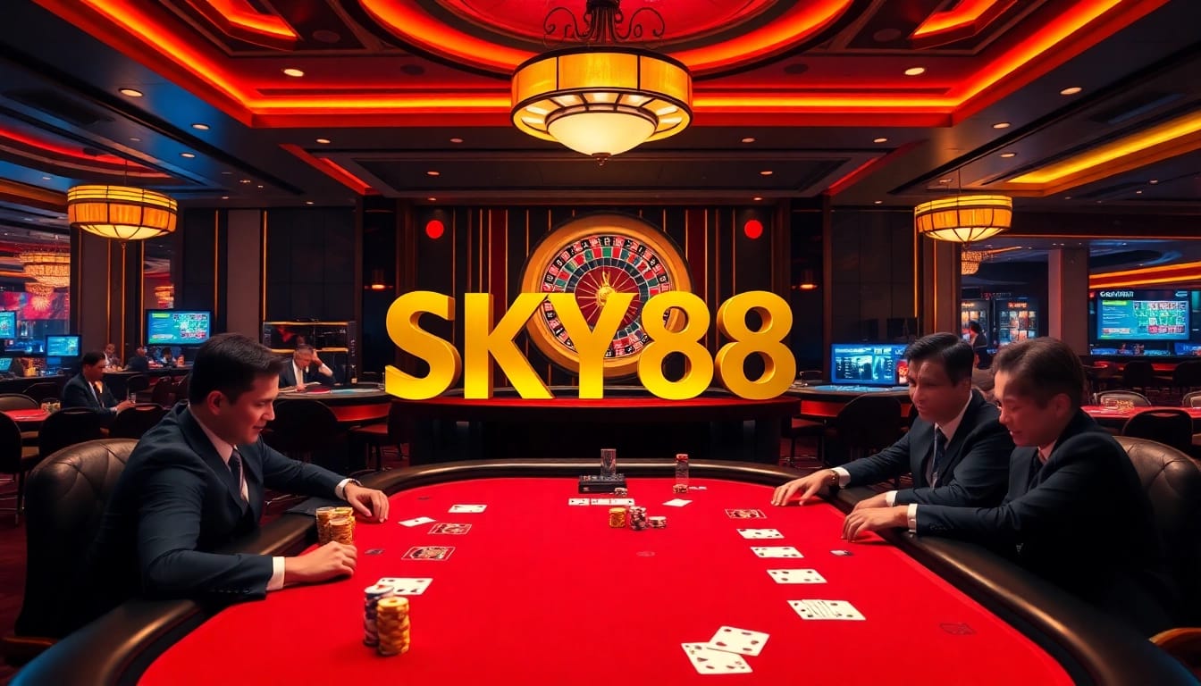 Exciting game action at SKY88 casino with a luxurious poker table, chips, and cards.