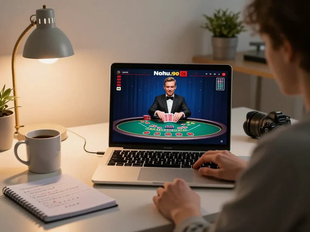 Nohu90 user enjoying an online blackjack game with strategic notes in cozy home office.