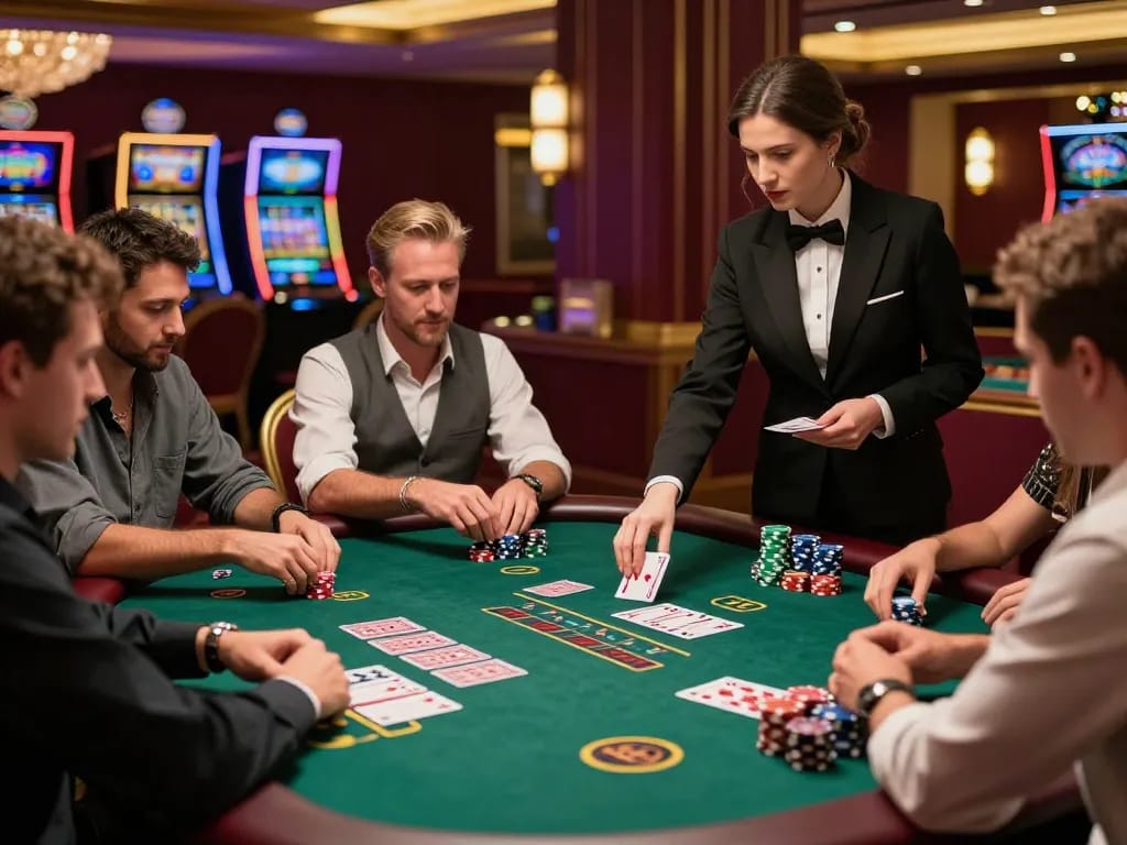 SX88 players engaging in an exciting blackjack game, showcasing intense focus and strategic gameplay in a vibrant casino atmosphere