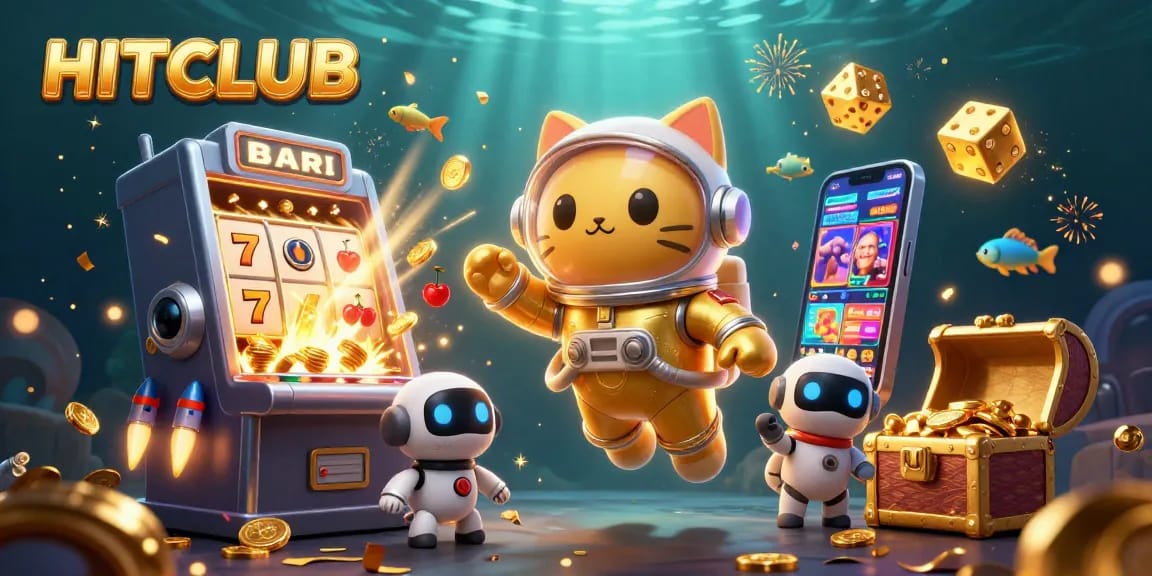 Win big at HITCLUB with a stunning 3D casino scene featuring vibrant games and characters.