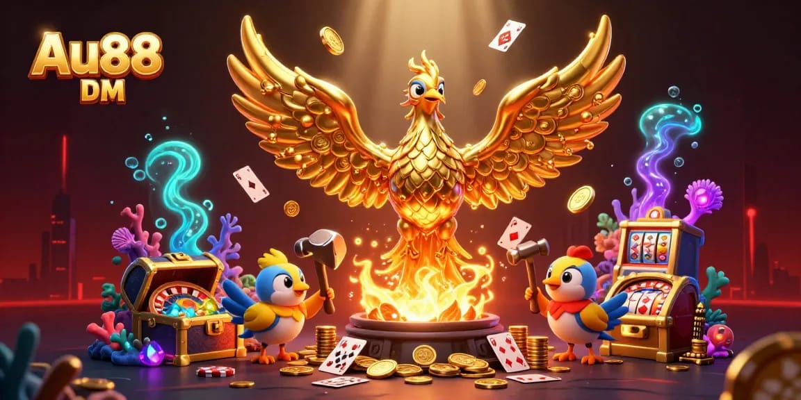 Win big at Au88 DM with golden phoenix and rich casino-themed treasures around.