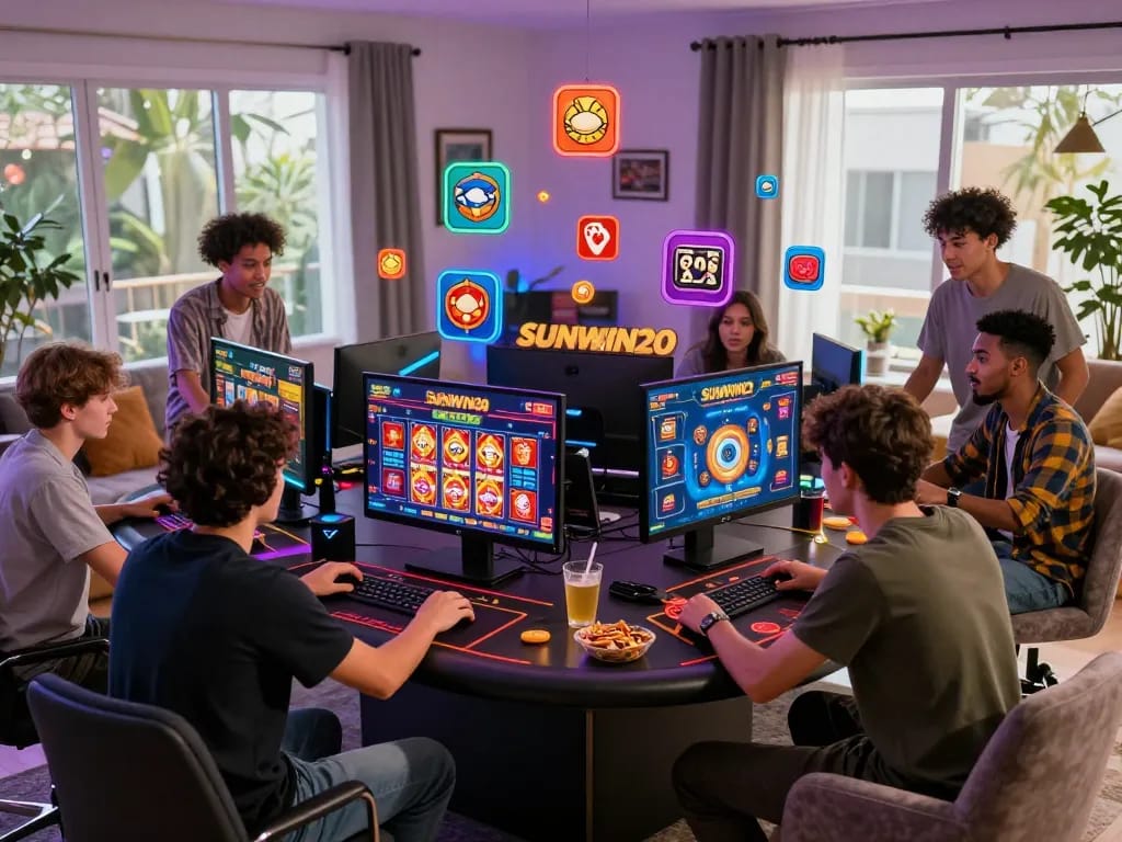 Friends engaging with Sunwin20 online gaming interface, showcasing an exciting gambling experience.