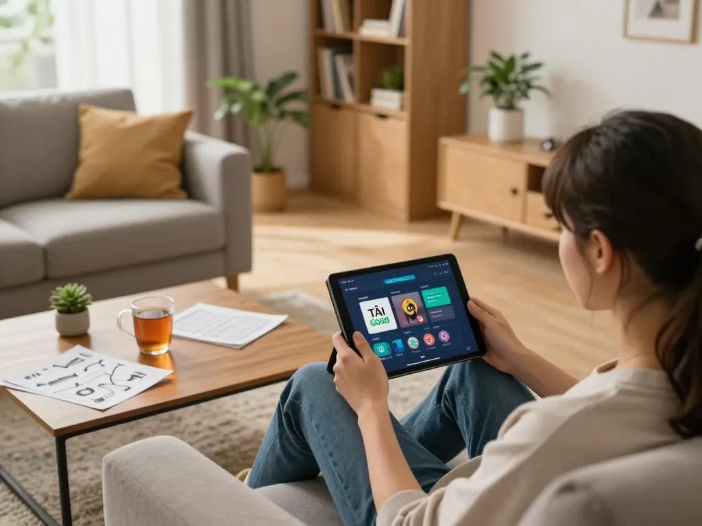 TẢI GO88 app on tablet showing engaging online gameplay in a cozy home setting