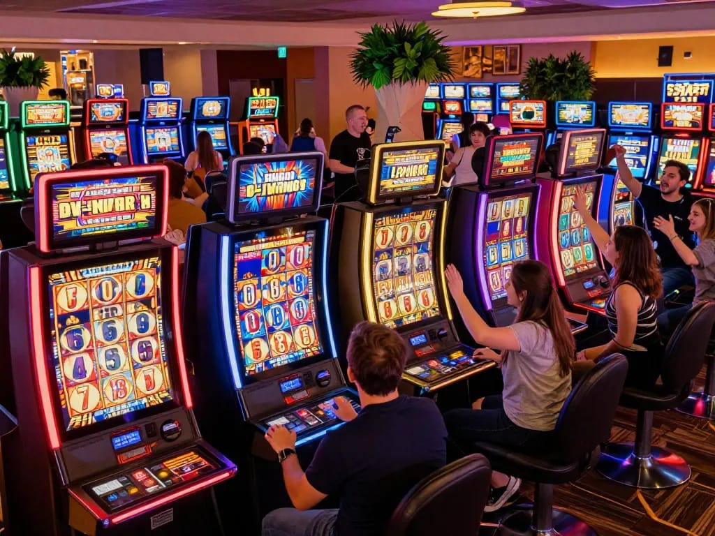 Players enjoying TX88 slot machines amidst vibrant casino lights and celebrations.