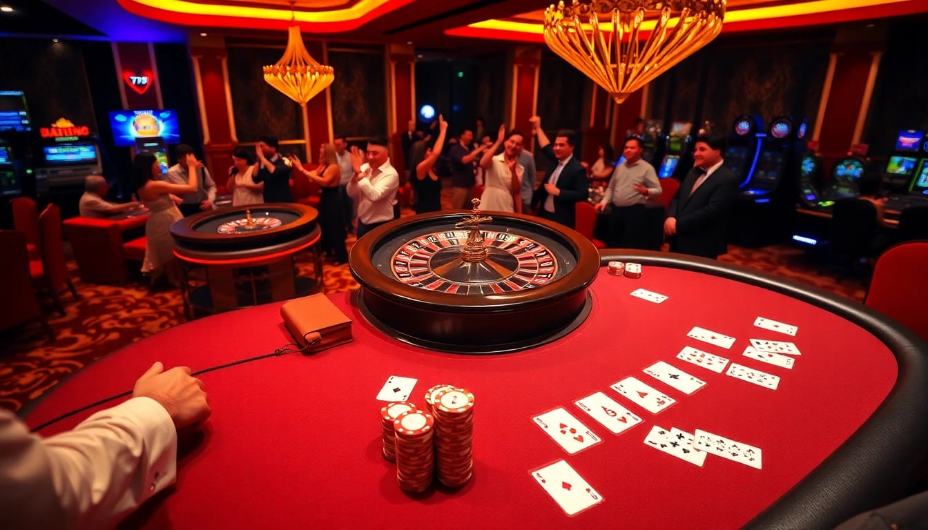 Exciting gambling scene at Nhà cái 79KING with players enjoying poker and roulette.