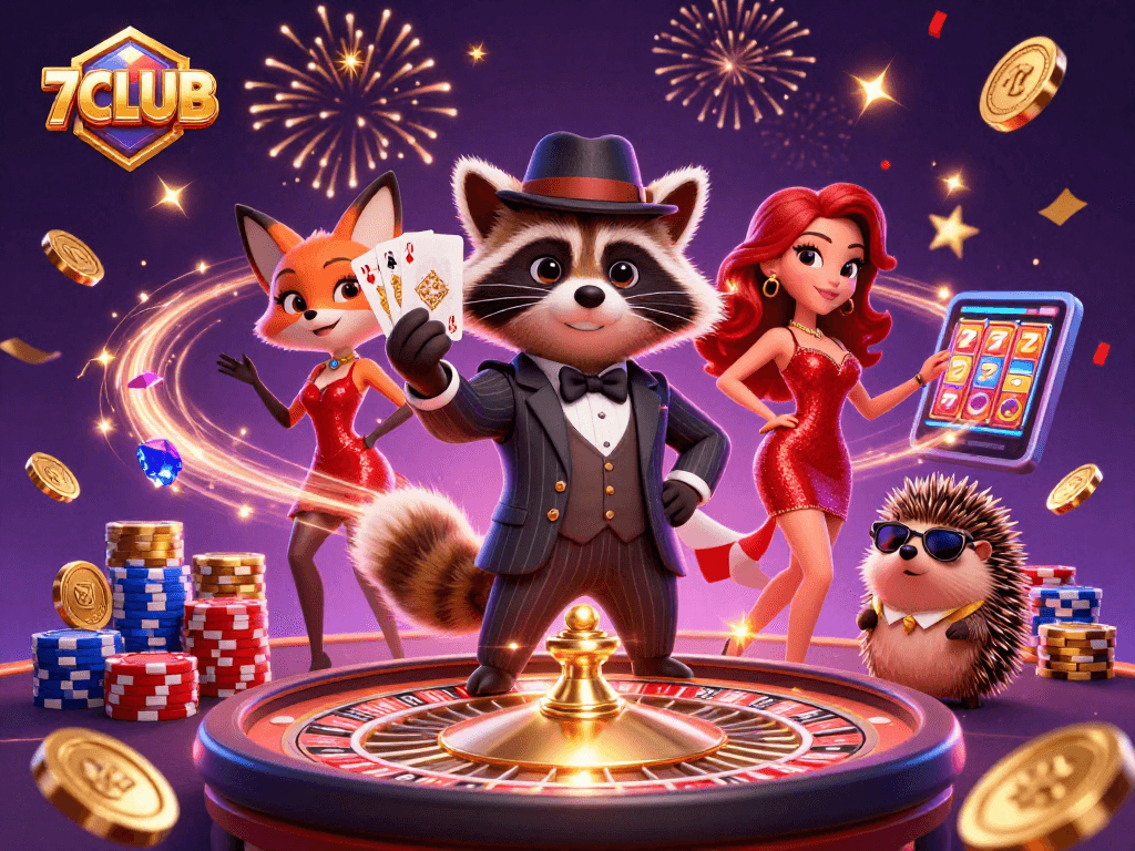 Experience the excitement of 7CLUB with a lively casino scene filled with colorful characters and dynamic gaming elements.