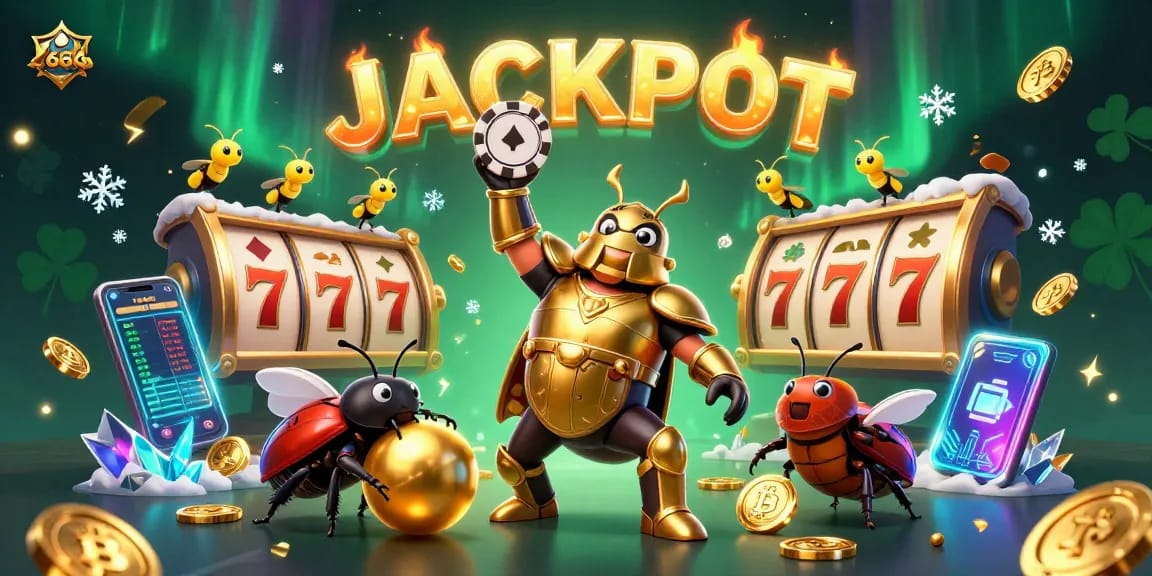 Engage with S 666 gaming excitement as a hercules beetle lifts a poker chip, surrounded by vivid casino elements.