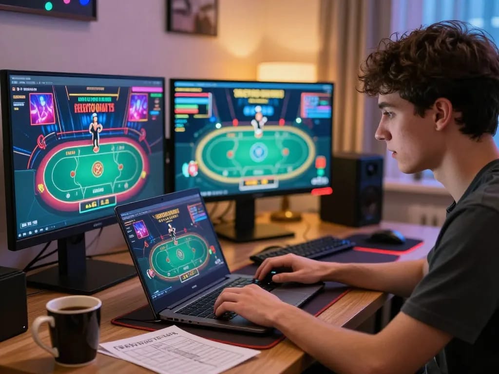 Player immersed in online poker on 79king, demonstrating strategic gameplay in a cozy home office.
