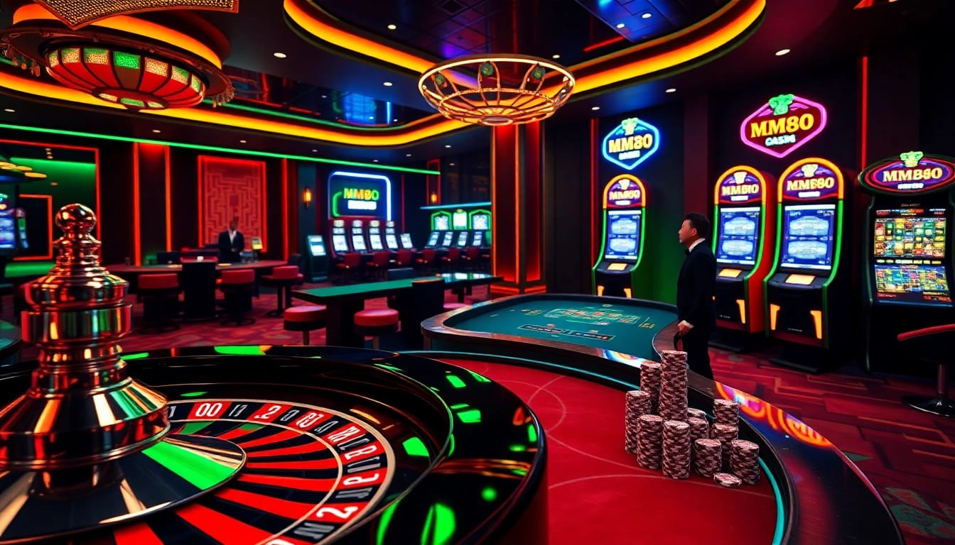 Engage with the excitement of MM88 link through a vibrant online casino scene showcasing roulette, poker chips, and professional dealers.