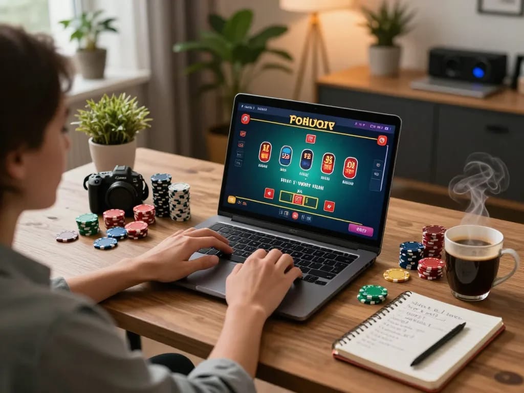Engaged in an exciting game of online casino lc88 blackjack at home with poker chips and strategy notes