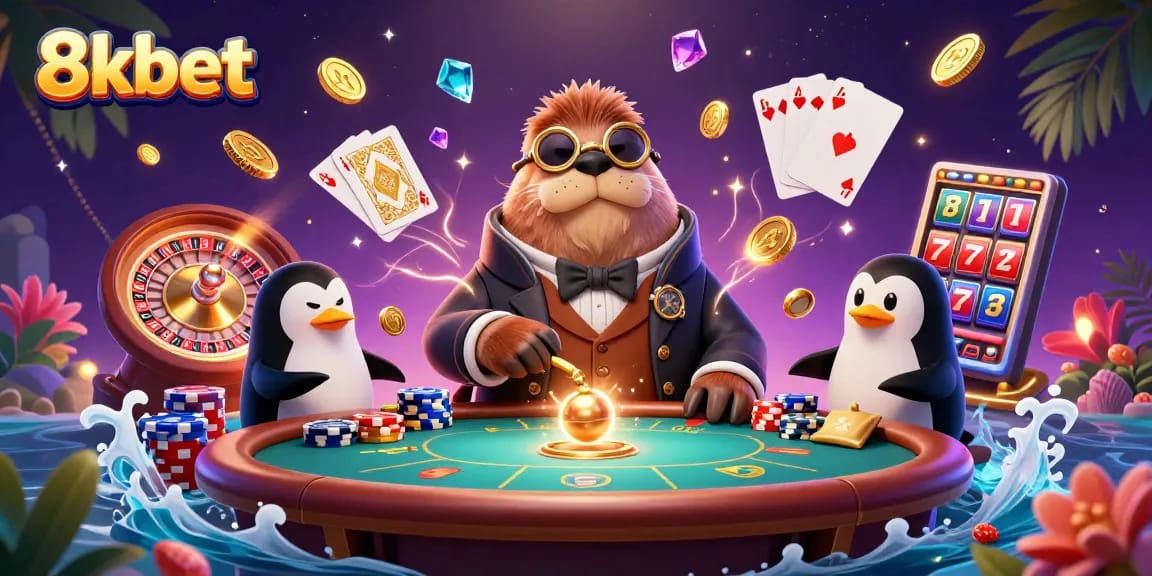 Experience thrilling moments at 8kbet with a jolly walrus and penguin dealer at an underwater poker table.