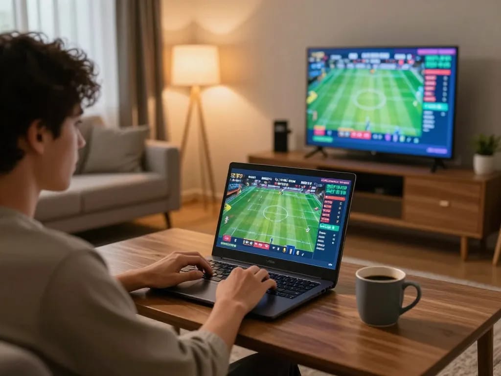 Engaging in online sports betting at https://lucky88at.com/ with live odds displayed on a laptop in a cozy home setting.