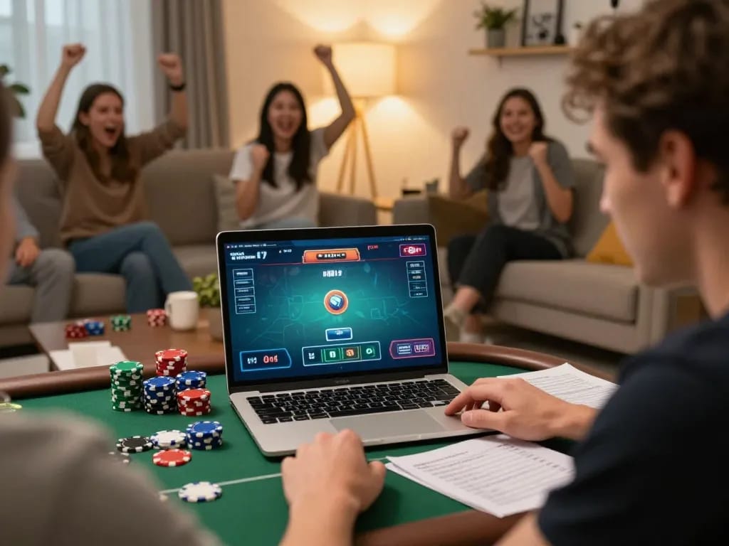 MAX88 player analyzing strategies while engaged in online poker game at home