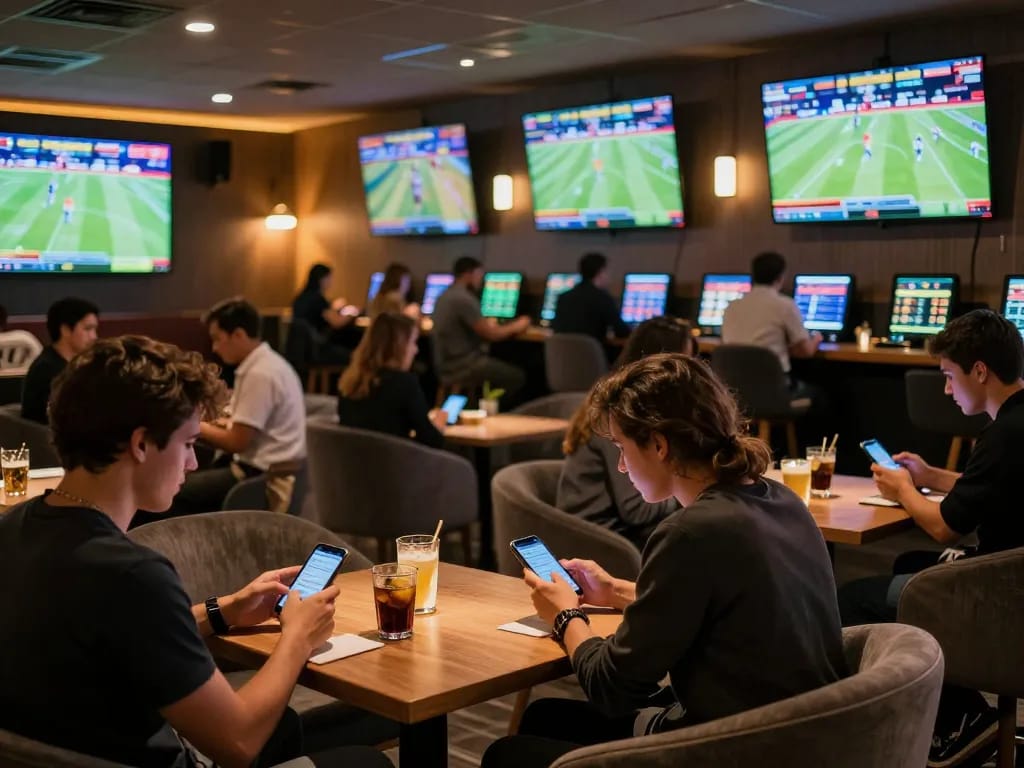 keonhacai5 sports betting experience with patrons engaged in real-time betting decisions.