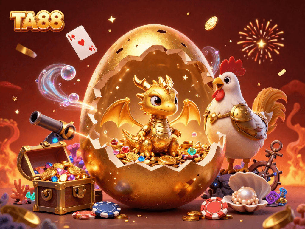 Experience the magic of TA88's online casino with a golden dragon emerging from poker chips in a vivid illustration.
