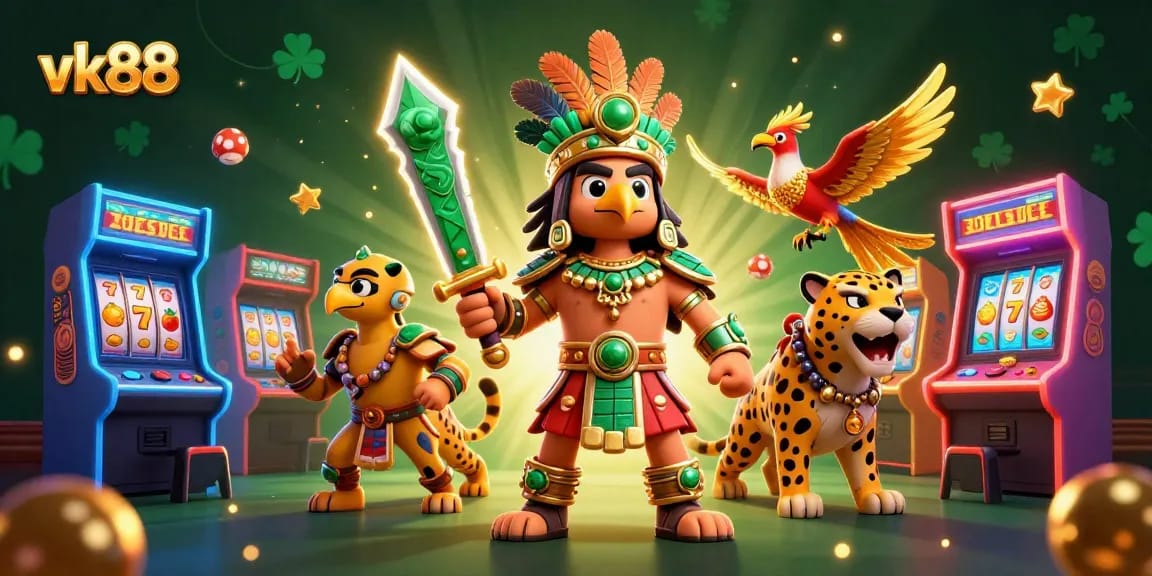 Experience exciting slots action with vk88, featuring Aztec warriors and vibrant casino elements.