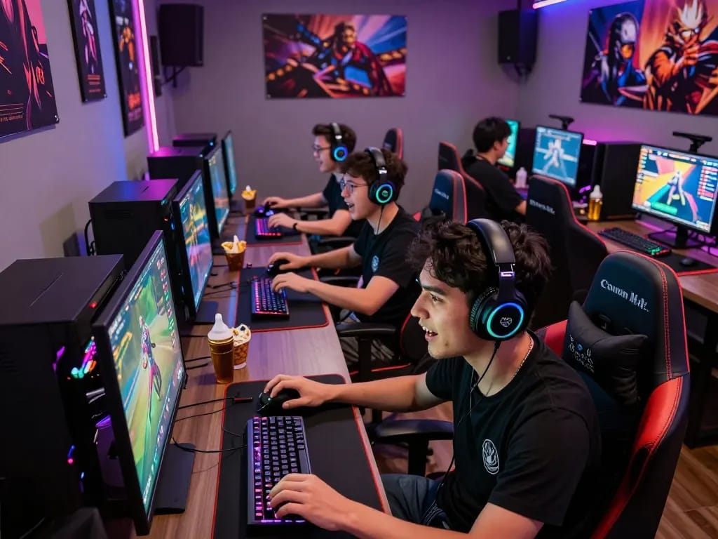 Engaged gamers at a vibrant LODE88 gaming lounge, immersed in multiplayer excitement.