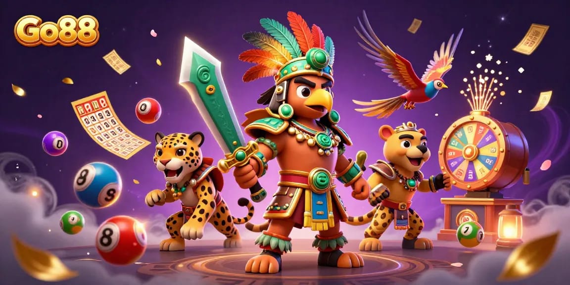 Experience Go88 with an exciting illustration of Aztec warriors amidst vibrant lottery and casino elements.