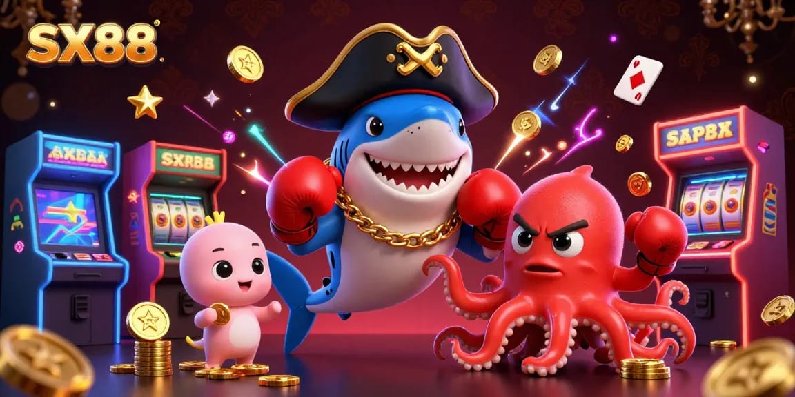 SX88 characters play exciting games amidst dazzling casino elements, showcasing vibrant gameplay.