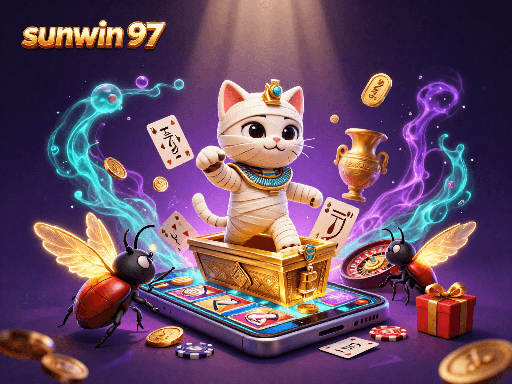 Experience the thrill of sunwin 97 with a festive 3D casino scene packed with iconic gambling symbols.