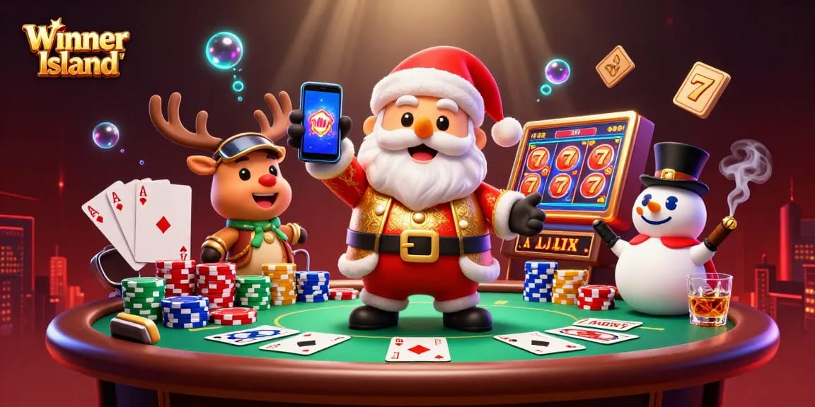 Play exciting jackpot slots at Winner Island, featuring colorful casino elements and vibrant characters.