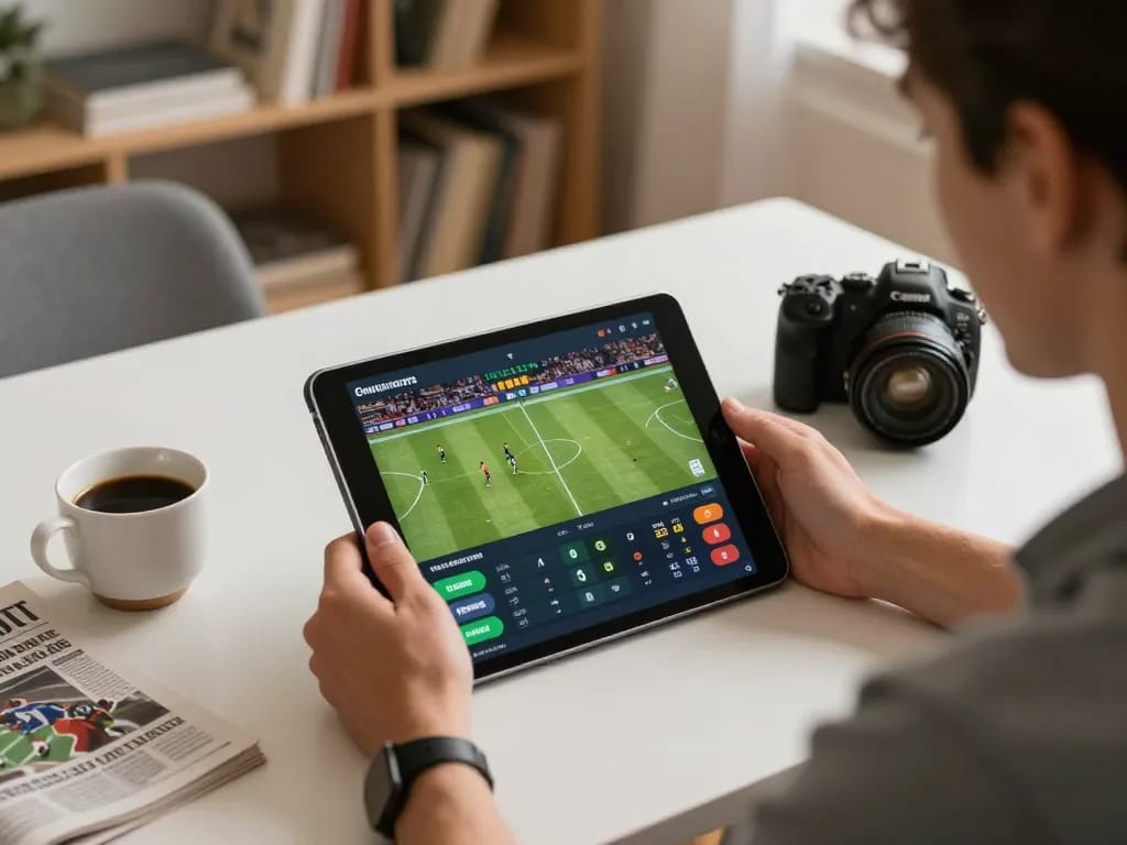 Engaging in responsible betting with Kết quả bóng đá displayed on a tablet screen.