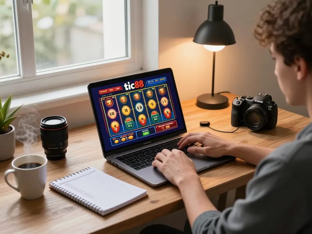 Engaging online gambling scene showing a user on tic88 laptop for strategic betting.