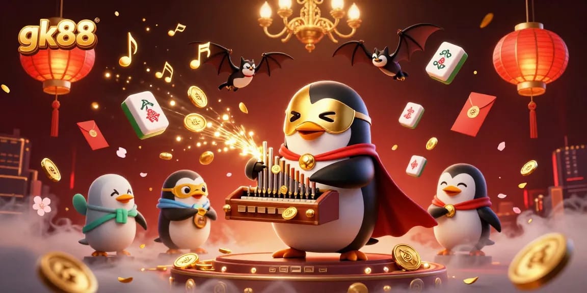 Experience the thrilling casino energy at gk88 with golden coins, floating mahjong tiles, and vibrant characters.