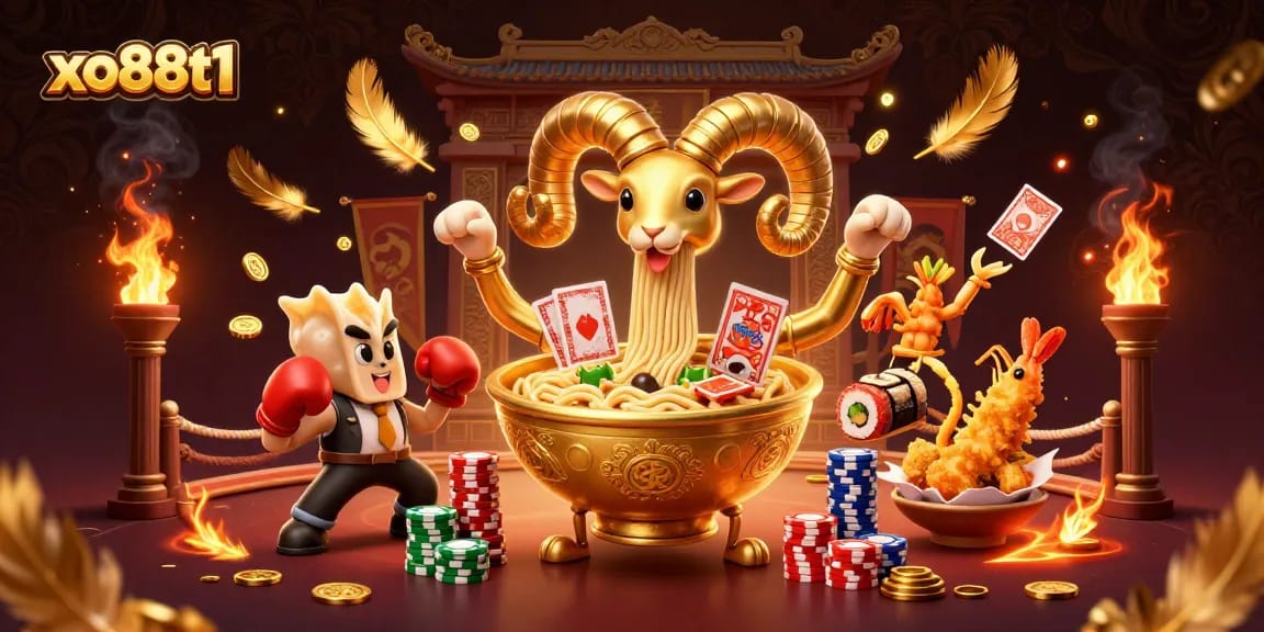 Experience thrilling gambling with xo88t1's cartoon scene featuring unique characters and vibrant game elements.