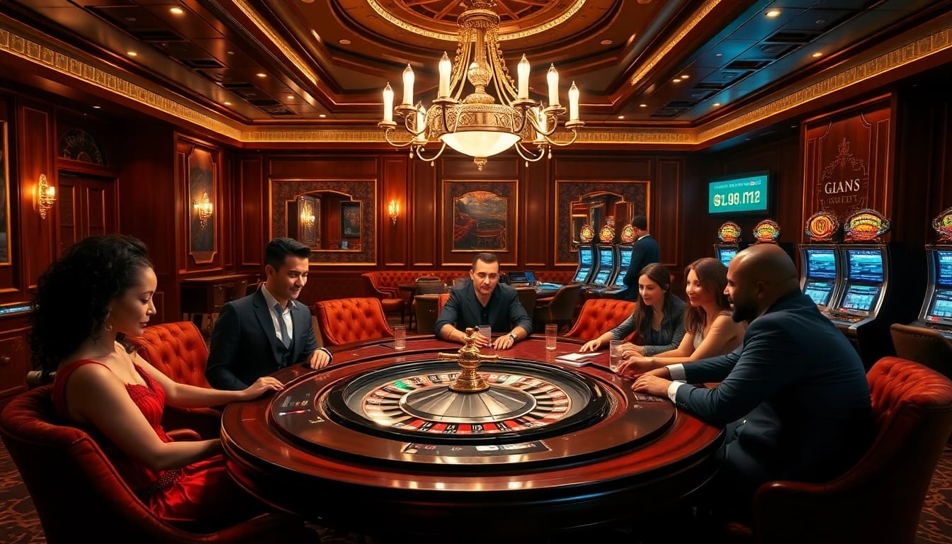 The luxurious casino experience at link thabet showcases an exciting roulette game and sophisticated poker players.