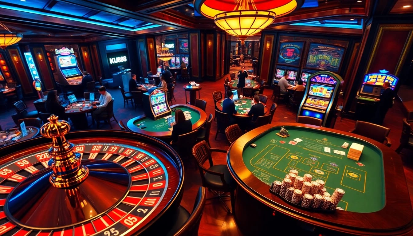 Players engaging in a vibrant KU88 casino environment filled with roulette wheels and slot machines.