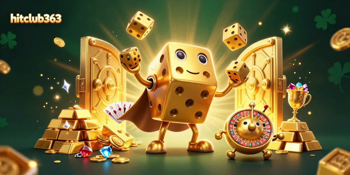 Experience the thrill of hitclub363 with golden dice golem and treasure, illustrating online casino excitement.