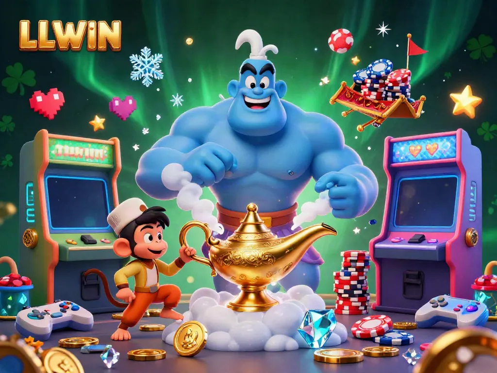 Experience the magical and vibrant world of LLWIN, where a genie reveals treasures amid casino-themed elements.