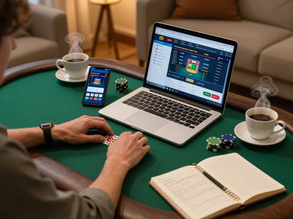 Uk88 gaming at home with a laptop and smartphone, showcasing immersive online poker experience.