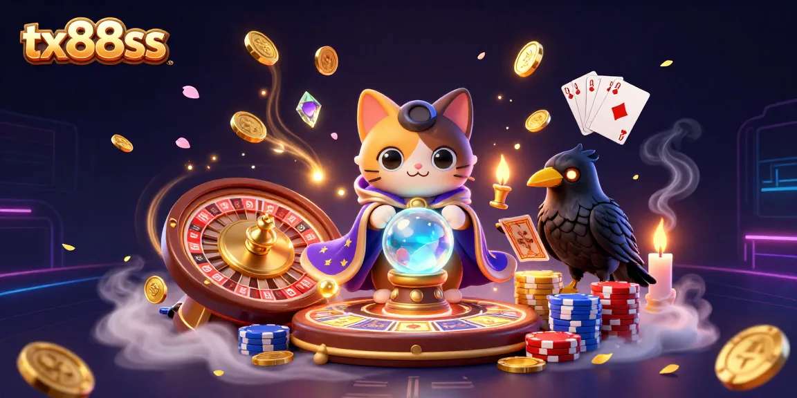 Experience the magic of tx88ss with a mystic cat fortune teller, tarot raven, and vibrant casino elements in this captivating image.